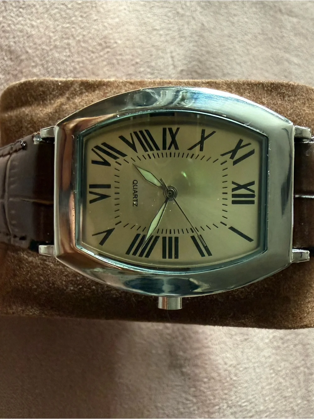 Roman Numeral Tonneau Quartz Watch Genuine Leather Brown Band